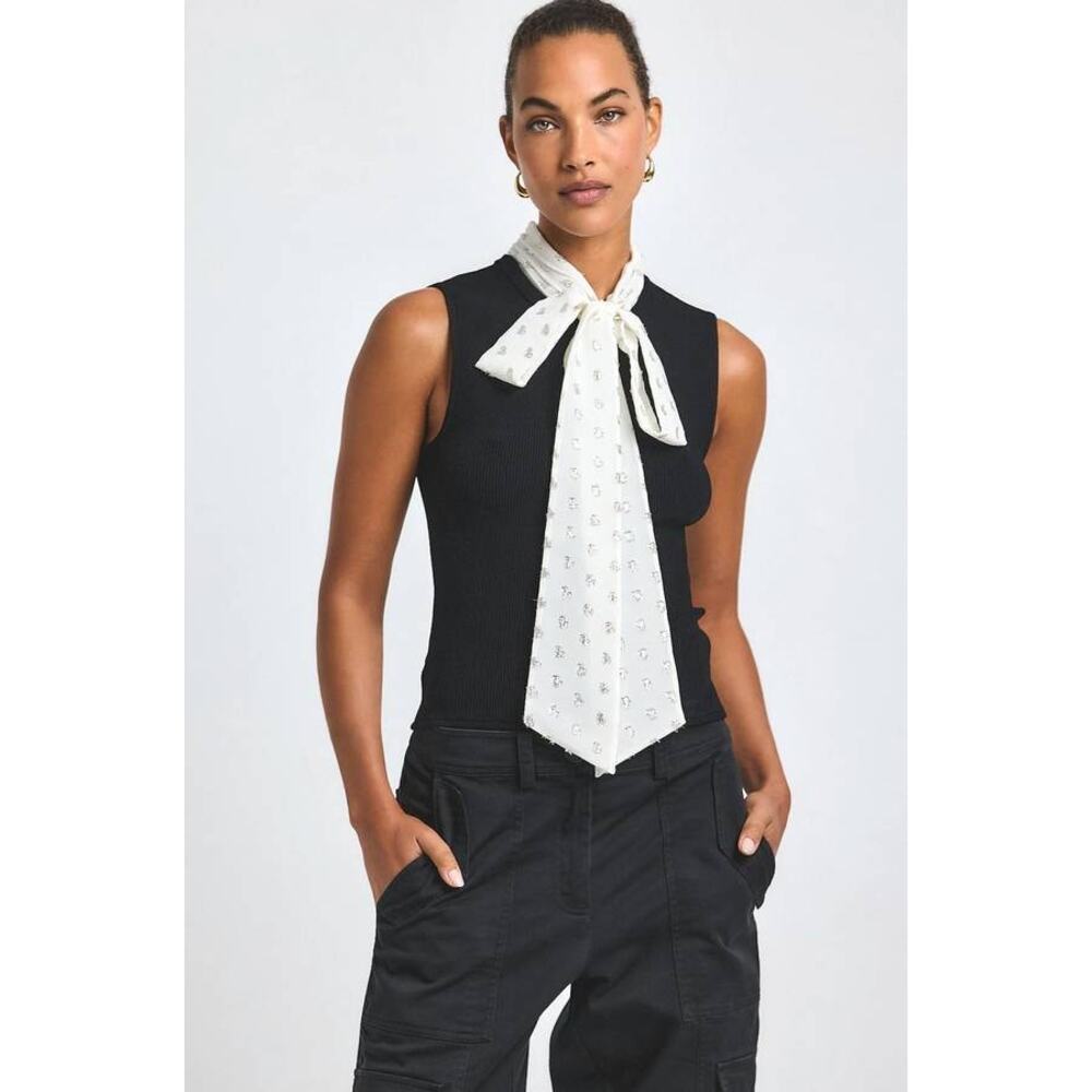 Derek Lam 10 Crosby Calista Mixed Media Tie Neck Top in Black M